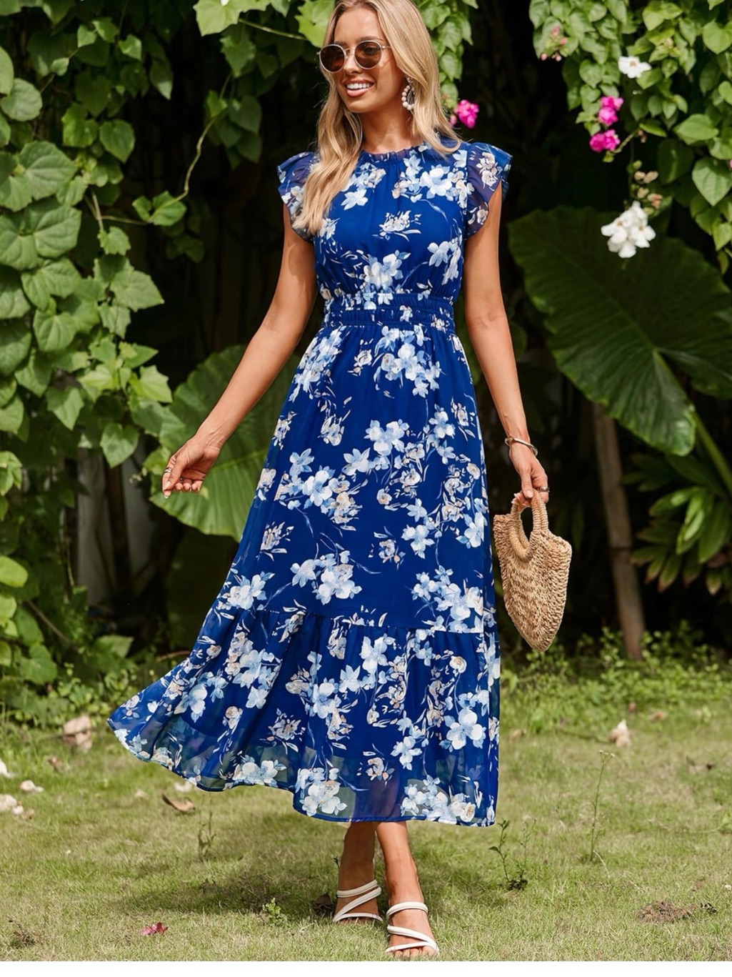 Berrygo Blue Floral Maxi Dress With Ruffle Sleeves Nwt Large